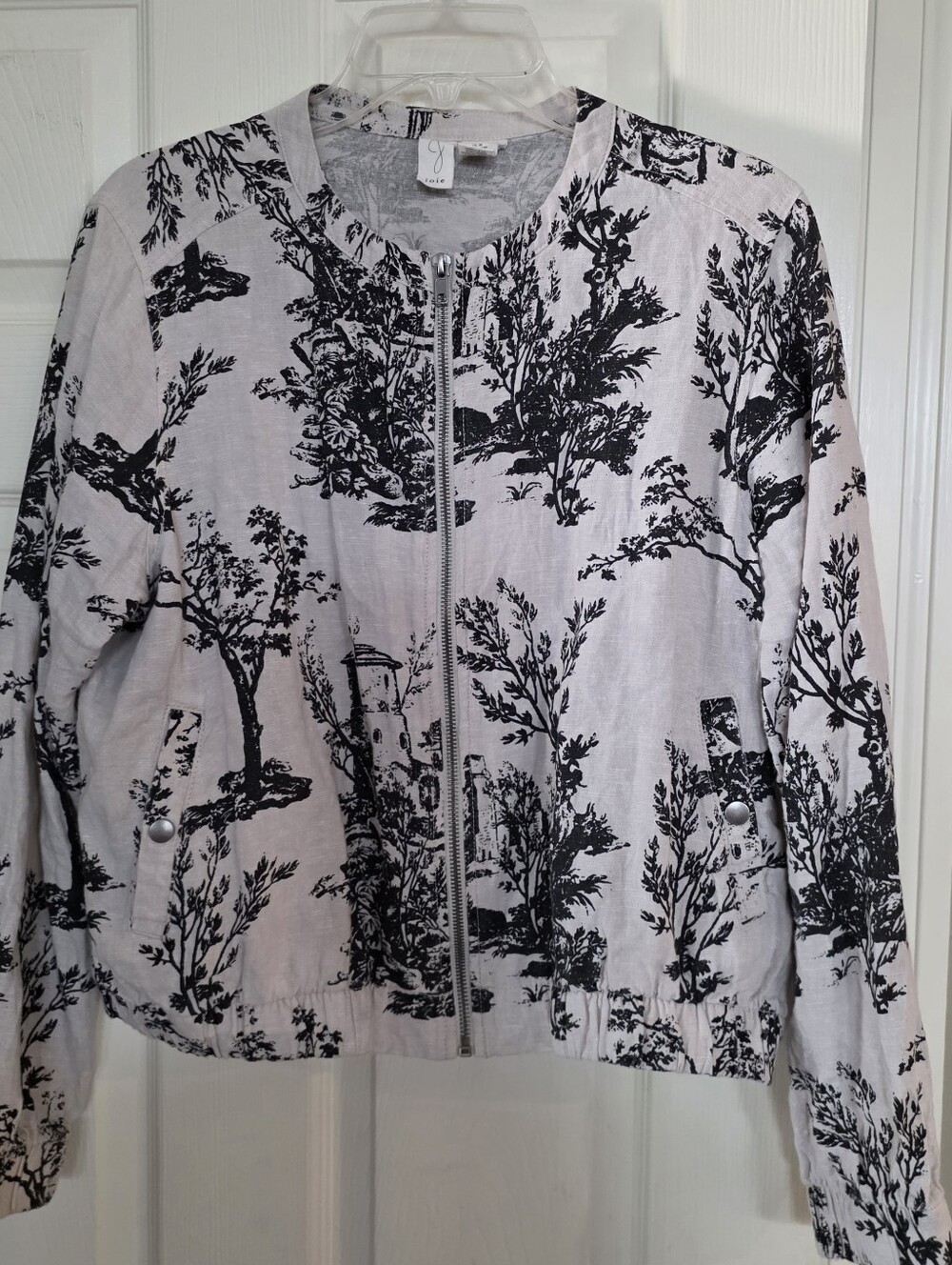 Joie Linen Black White Toile Zip Bomber Jacket Medium
